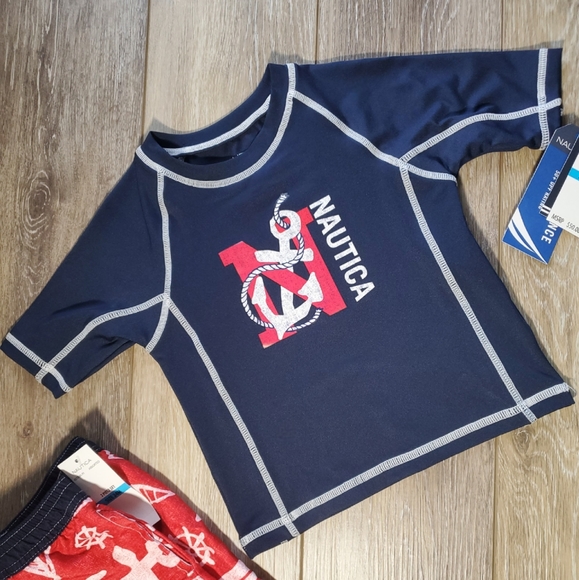🇺🇲Nautica boys 2 piece rashguard swim set, navy, red, white Size 24M - Picture 3 of 10